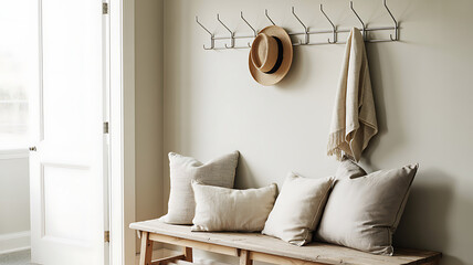 Neutral entryway bench with wall hooks and pillows