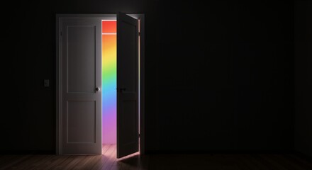 A closet door slightly ajar in a dark room, with vibrant rainbow light symbolizing LGBTQ+ pride and the concept of coming out, illuminating the wooden floor.