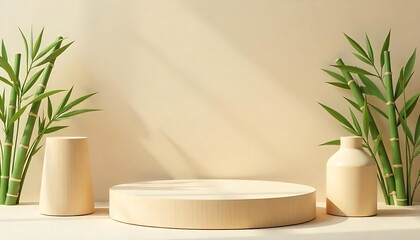 Bamboo product display podium for natural product. Empty outdoors scene with bamboo branch., created with generative ai
