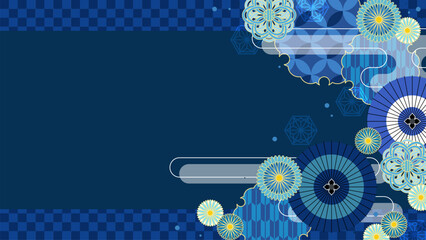 青色と和傘の夏向け和風柄、イラスト背景素材 © konohana