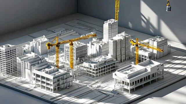 3D architectural model of urban city construction site with cranes and buildings in white interior space