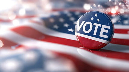 Vote button on US flag background, symbolizing democracy and civic engagement, inspiring citizens to participate in elections