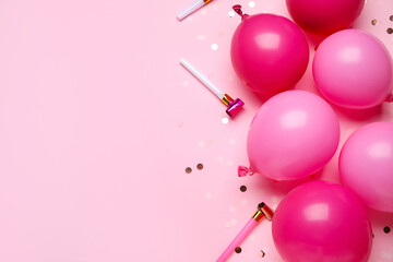 Composition with air balloons, festive pipes and confetti on pink background