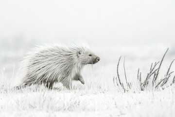 Obraz premium Ultra-minimalist fine art photograph of an albino porcupine standing alone in a meadow under soft overcast light. The entire scene is nearly white-on-white - generated by ai