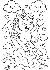 Whimsical Unicorn Scene for Children’s Coloring Book