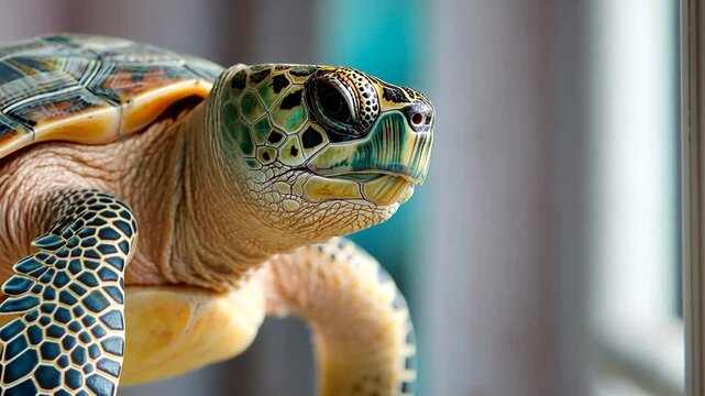 Detailed close-up of a sea turtle's head featuring a colorful shell with patterns and textures. The turtle is positioned against a blurred background with soft lighting
