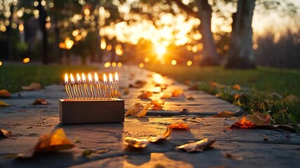 Burning birthday candles in a wooden box on stone path with golden leaves and warm sunlight create festive mood with bokeh background.