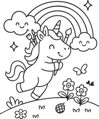 Whimsical Unicorn Scene for Children’s Coloring Book