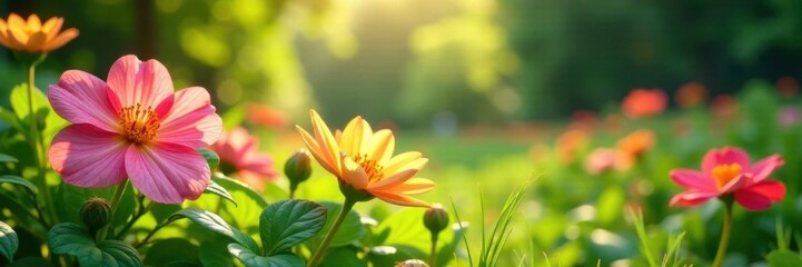 Sunlight dappled on lush green garden, vibrant flowers blooming , boots, sunshine, planting