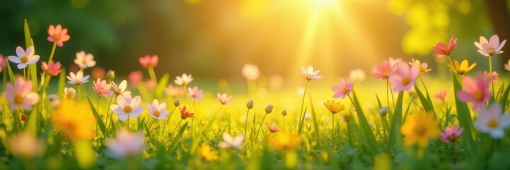 Golden sunlight bathes handmade paper flowers scattered across a tranquil meadow , stock, pastel, paper flowers