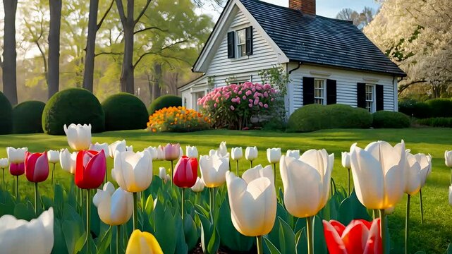 Colorful tulips blooming in front of cozy suburban house with garden trees during spring daylight