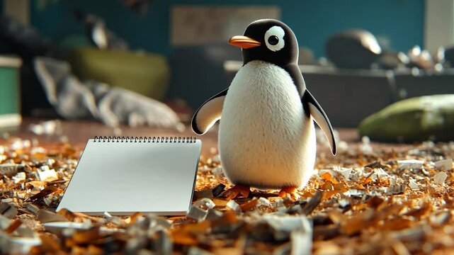 A generic animal stands with blank calendar in front of scattered debris in a softly lit indoor setting with focus on the main subject.