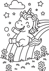 Whimsical Unicorn Scene for Children’s Coloring Book