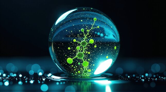 Glowing green biomolecule in transparent sphere with bokeh effect.