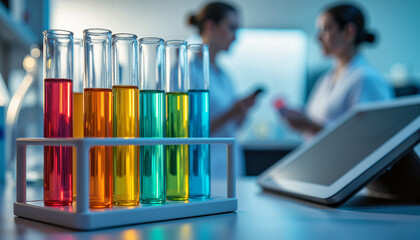 Two laboratory technicians discussing results with colorful test tubes  