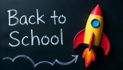 rocket ship made of crayons on a chalkboard background with the text Back to school  created with generative ai