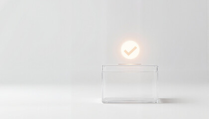 Transparent box with glowing checkmark on white background  