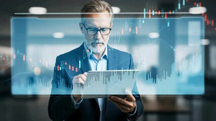 Business professional analyzing stock market trends in modern office digital data visualization contemporary environment engaging perspective