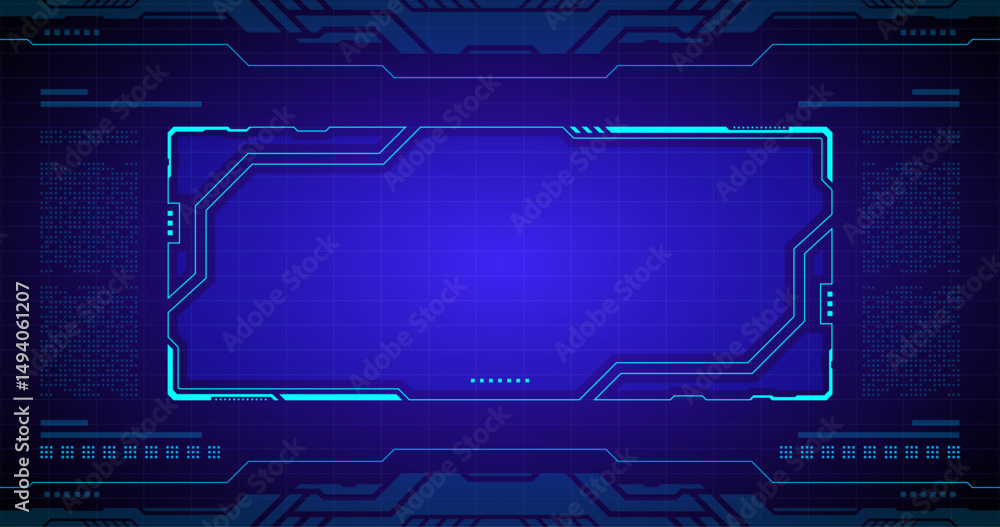 Poster a futuristic digital interface with a glowing blue frame and intricate tech design. it's perfect for