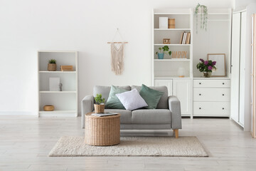 Sofa and wicker coffee table with houseplant in interior of living room