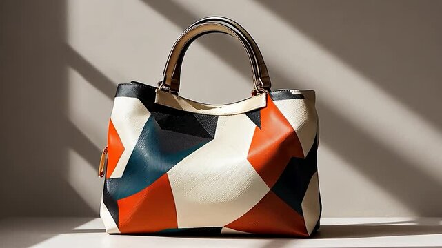 Geometric pattern handbag with cream white body vibrant color blocks and golden handles on a neutral background with soft shadows