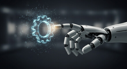 robot hand presses virtual gear symbol