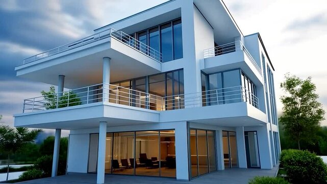 Modern minimalist white house with glass windows and balconies surrounded by green trees against a cloudy sky.  The architectural design includes geometric shapes.