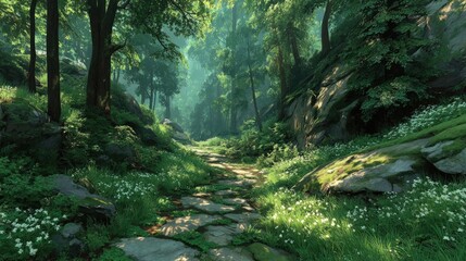 Obraz premium Lush, sunlit pathway through a verdant forest.
