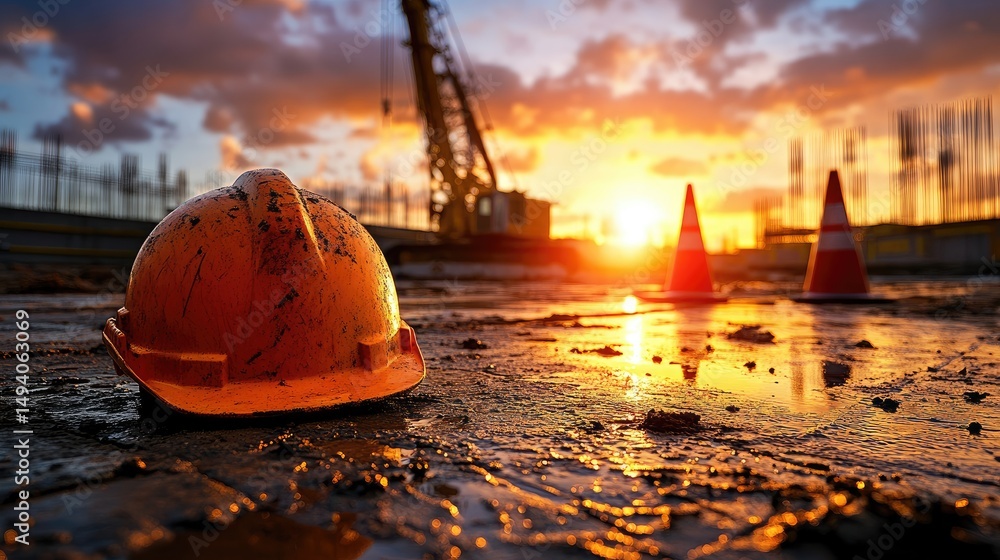Poster sunset casts warm light on a construction site featuring a hard hat and safety cone, emphasizing saf