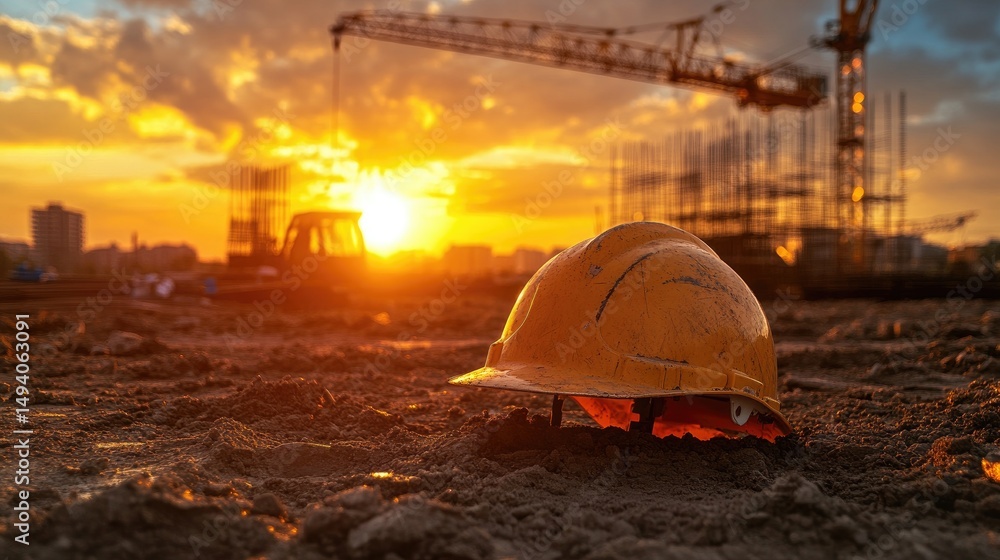Poster sunset casts warm light on a construction site featuring a hard hat and safety cone, emphasizing saf