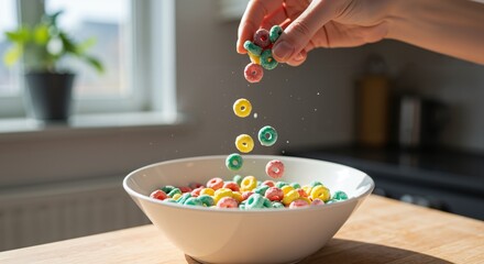 Close-up of a hand pouring colorful ring-shaped breakfast cereal into a white bowl on a wooden kitchen counter, with a window in the background.