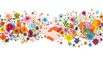 Colorful flowers and handshake symbolize collaboration and unity in vibrant, cheerful setting, evoking positivity and connection