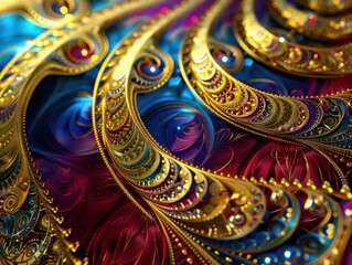 Fototapeta premium Golden fractal patterns intertwine with electric blue and deep red hues, a premium render of sacred geometry math.