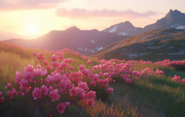 Fototapeta premium the sun sets behind the mountains, casting warm hues across the sky as vibrant pink .