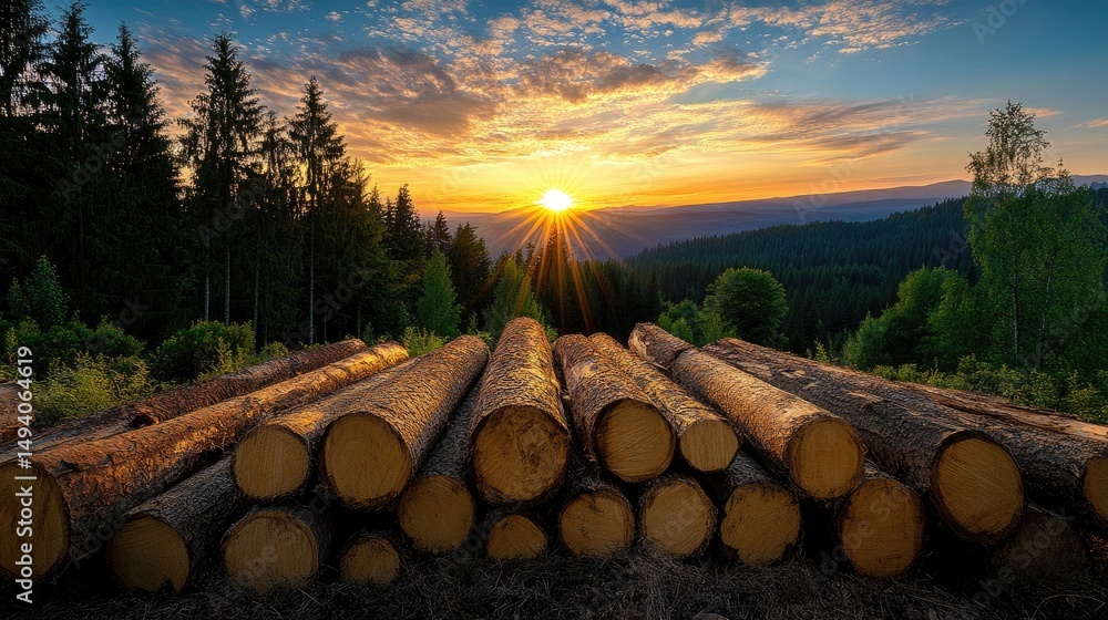 Poster row of sunset-lit timber logs in sharp contrast with silhouetted forest and glowing sky, evoking war
