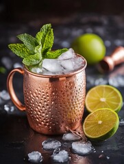Zesty Moscow mule cocktail served in a traditional copper mug with frosty condensation, crushed ice, lime wedge, and fresh mint sprig, perfect for refreshing beverage, summer drink, and bar themes