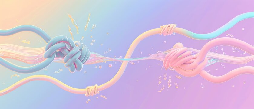 Knots untying into smooth pastel lines, abstract stress release in flat design complexity.