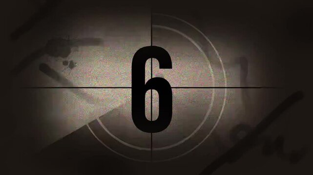 Countdown old film from 10 to 0 number. Vintage old film movie timer count in grey retro style animation