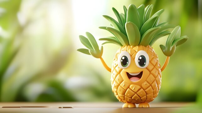 Smiling pineapple character against a blurred background.