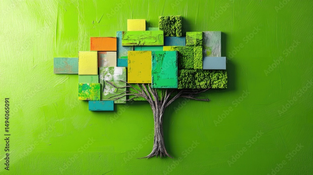 Poster modern abstract tree design pops against a bright green block, blending natural forms with geometric
