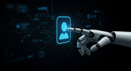 robot hand clicks on virtual profile sign