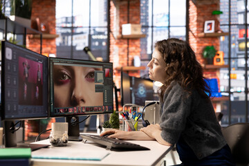 Photographer using AI program turning text prompt into photos, retouching technique. Graphic...