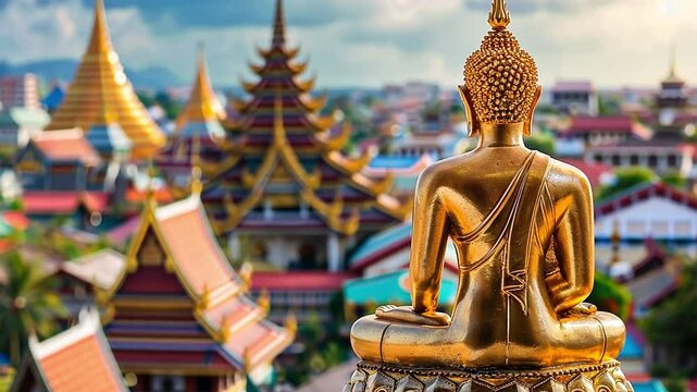 Serene golden Buddha statue overlooks vibrant cityscape and traditional Thai architecture, capturing essence of spirituality, culture, and heritage in Thailands beautiful temples.
