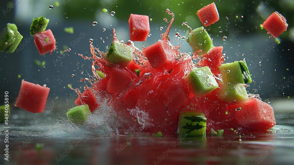 Poster Juicy watermelon cubes explode in a refreshing splash, creating a dynamic, summer-ready burst of vibrant red and green