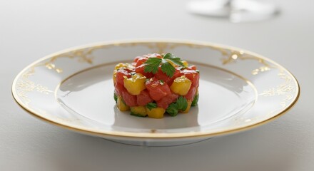 Exquisite Tuna and Mango Tartare Served on a Delicate Porcelain Plate, Appetizer