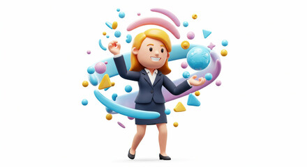 Cartoon businesswoman juggling shapes with energy