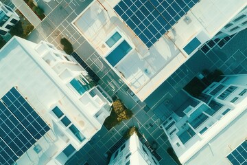 Smart city grid system view, white buildings, blue windows, rooftop solar panels create geometric patterns.