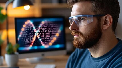 Close-up of a man wearing safety glasses looking at a computer screen displaying binary code and a DNA strand with blurred background. - Powered by Adobe