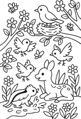 Obraz premium Spring Forest Scene with Blooming Flowers – Coloring Page