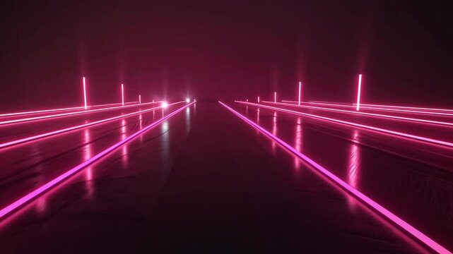 Futuristic Vibrant Scene of Glowing Pink Neon Lights in Parallel Lines Creating Dark Atmosphere with Depth and Energy